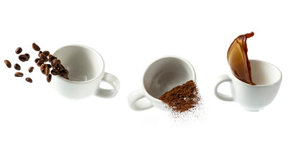 isolated from the white background, three cups from which the coffee comes out: in beans, ground and liquid