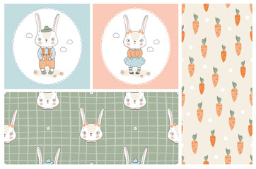 Cute cartoon Easter baby bunny cards and seamless pattern set. Hand drawn illustration