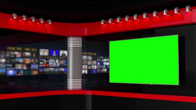 Tv Studio. Studio. News studio.Blue background. Newsroom Background for News Broadcasts. Blurred of studio at TV station. News channel design. Control room. 3D rendering