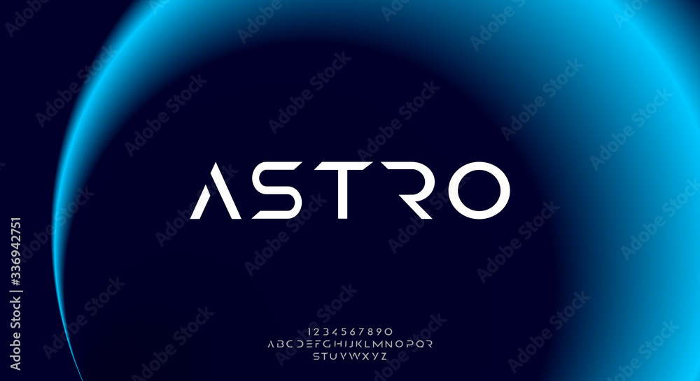Wall mural astro, an abstract sporty technology science alphabet font. digital space typography vector illustra