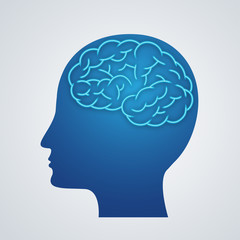 Human body brain icon silhouette on blue background