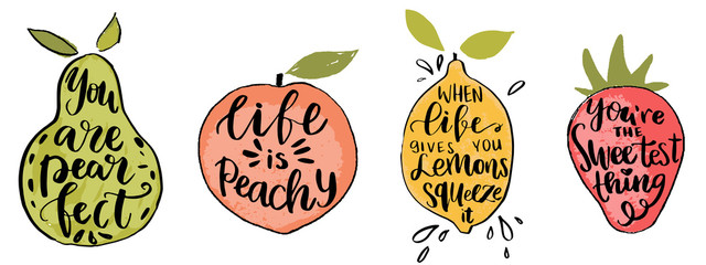 Set of hand drawn fruit shapes and lettering typography emblems with fun summer quotes for poster, t-shirt design.Life is peachy, if life gives you lemons and etc