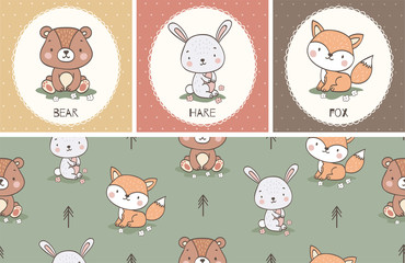 Hand drawn cartoon baby animal collection. Cards and seamless pattern set.