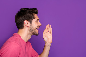 Profile side photo of positive surprised guy look copyspace share incredible private novelty hand...