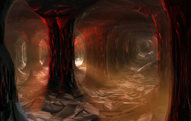 Dark cave with columns and rays of light. 3d illustration © pobaralia