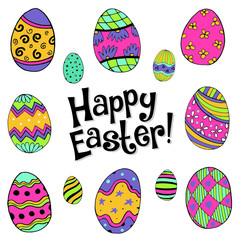 Vector illustration with colourfull easter eggs and the message happy easter. Simply colours joy, faith