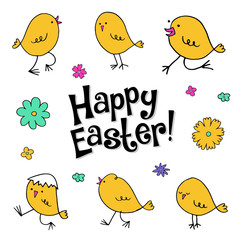 Vector illustration with funny little chicken, flowers and the message happy easter. Simply colours joy, faith, children, drawing cartoon