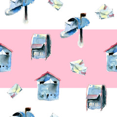 Seamless watercolor pattern with various types of mailboxes and envelopes on white and pink spriped background