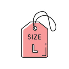 Pink large size label RGB color icon. Clothing parameters specification. Informational tag with L letter for big size apparel description. Isolated vector illustration