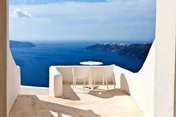 santorini island greece, balcony with view - obrazy, fototapety, plakaty