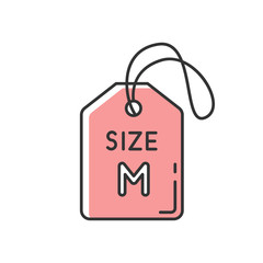 Pink medium size label RGB color icon. Clothing parameters information. Descriptive tag with M letter, average size apparel specification. Isolated vector illustration