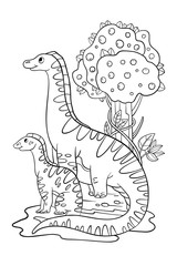 Vector stock coloring book with cute dino mom and her baby. Hand drawn doodle illustration with two sauropods and prehistoric plants. Game for kids. © Oleksandra
