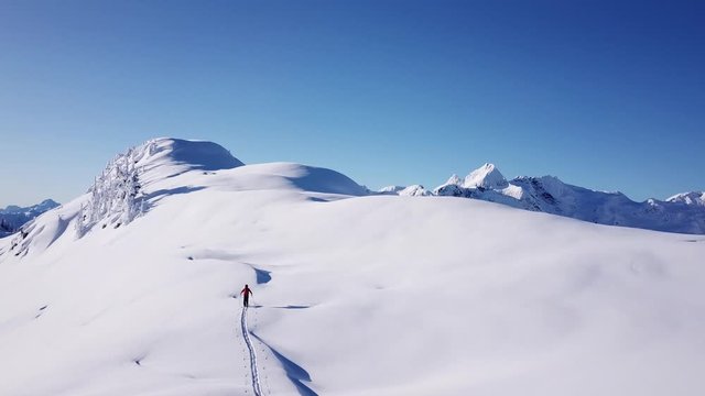 Skier skinning up the mountains in fresh powder, making the first track