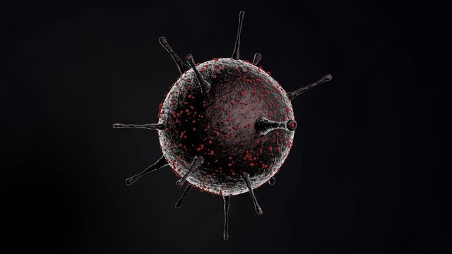 Seamless 3D animation with the ability of continuous playback. The coronavirus, covidp19, rotates against a dark background. An idea for medical and scientific banners, works, and compositions.