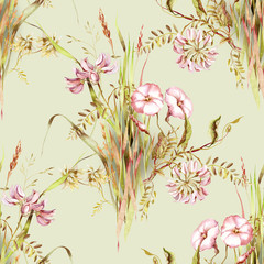 Wild Flowers Seamless Pattern. Watercolor Background.