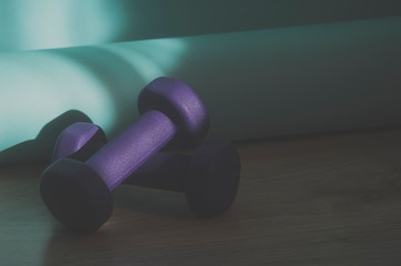 Healthy background fitness equipment, Dumbbell on wooden floor. Healthy lifestyle, sport concept. Vintage color filter
