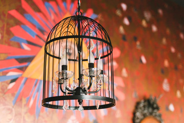 Iron cage with a chandelier in a bright and colorful interior