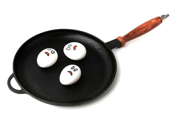 conceptual photo of a fear of something. frightened eggs are in the pan