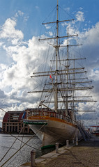 Naklejka premium The Duchesse Anne, a Three Masted sail ship moored up at the Port of Dunkirk Nautical Museum in the central harbour.