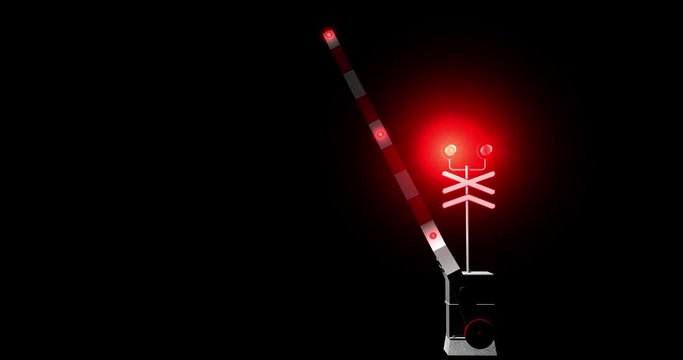3d animation of a working railway crossing. Passing cars. railway barrier