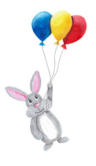 Cute rabbit bunny flying with colorful air baloons on white background. Watercolor gouache hand drawn illustrations in cartoon