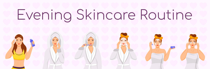Evening skincare routine flat color vector characters set. Skin treatment steps. Face daily procedures isolated cartoon illustrations on white background. Girl cleansing face, applying sheet mask