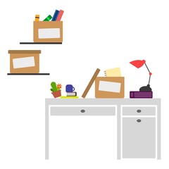 A table on which belong things from a cardboard box after moving. In the environment you can see a notebook, books, a magazine, a cup, a cactus, an organizer. All this on a white background.