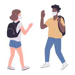 Students in medical masks flat color vector faceless characters. Virus protection, prevention isolated cartoon illustration for web graphic design and animation. Pandemic education, social distance