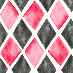 Pink and black watercolour rhombuses on white background: tiled seamless pattern, textile print, wallpaper texture.
