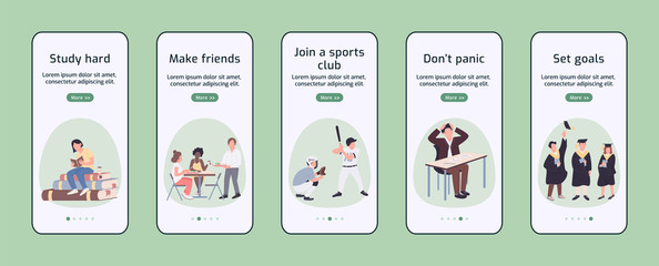 Student experience onboarding mobile app screen flat vector template. College lifestyle advices walkthrough website steps with characters. UX, UI, GUI smartphone cartoon interface, case prints set