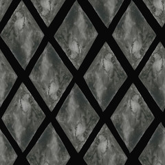 Grey watercolour rhombuses on black background: seamless pattern, tiled textile print, wallpaper texture.