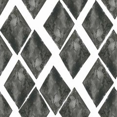 Black watercolour rhombuses on white background: seamless pattern, textile print, wallpaper texture.