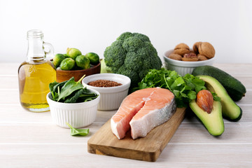 Products containing omega 3. Fish salmon, walnuts, spinach, flaxseeds, chia seeds, Brussels sprouts, olive oil, avocados, broccoli. Clean eating, vegan food
