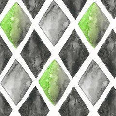 Black, grey and green-grey watercolour rhombuses on background: tiled seamless pattern, textile print, wallpaper texture.
