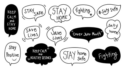 Set of Warning sign sticker, social media stickers , Hand drawn speech bubble for Coronavirus COVID-19 prevention. stay home, work at home, social distancing, stay safe banner design vector.