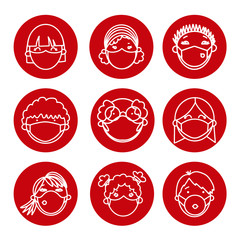 Set of circle stickers with humans avatars faces with medicine masks