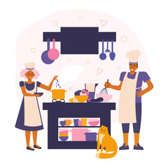 Happy young couple stay at home and prepare food in the kitchen. Spending time together. Family home leisure in quarantine. Cooks prepare a healthy dish. Hand drawn vector flat illustration