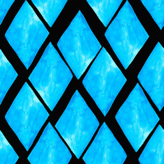 Blue watercolour rhombuses on black background: seamless pattern, textile print, wallpaper texture.