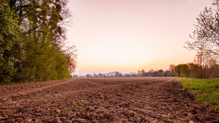 Umgepfl&uuml;gte Ackerfl&auml;che in der Natur bei Sonnenaufgang