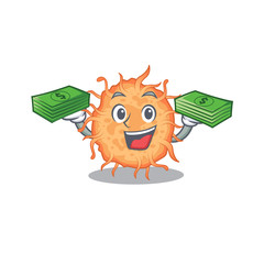 A wealthy bacteria endospore cartoon character having money on hands