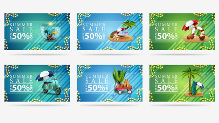Set of summer discount banners with summer illustrations and liquid shapes on background. Colorful bright summer discounts isolated on white for your arts. Summer sale, up to 50% off.