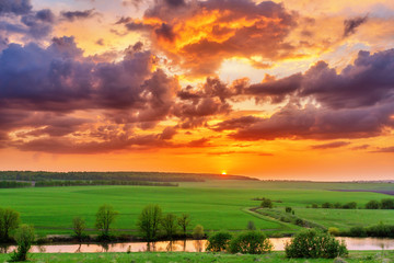 Sunset over plain. Russian landscape