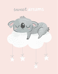 Cute koala sleeping on a cloud with phrase Sweet dreams. Adorable koala bear illustration for baby shower, nursery, kids room poster, wall art, card, invitaton.  © mgdrachal