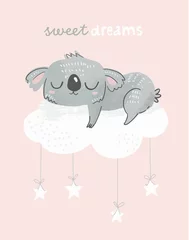 Selbstklebende Fototapeten Cute koala sleeping on a cloud with phrase Sweet dreams. Adorable koala bear illustration for baby shower, nursery, kids room poster, wall art, card, invitaton.  © mgdrachal