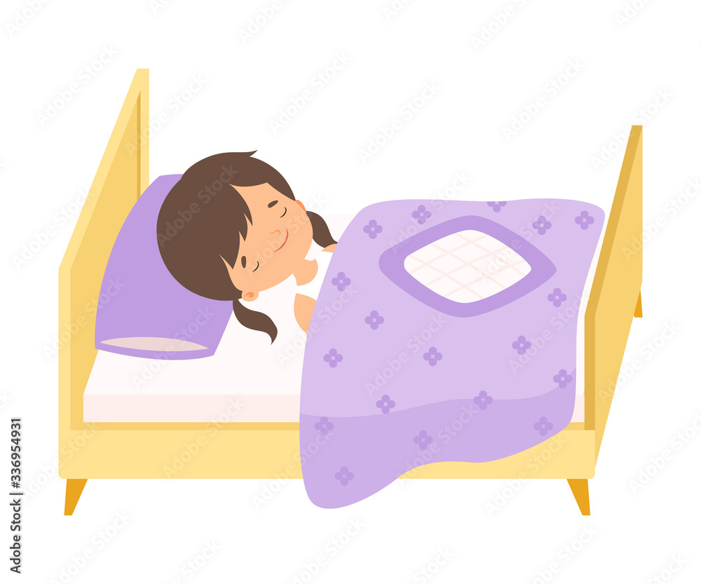 Canvas Prints Lovely Brunette Little Girl Sleeping Sweetly in Her Bed under Blanket Vector Illustration