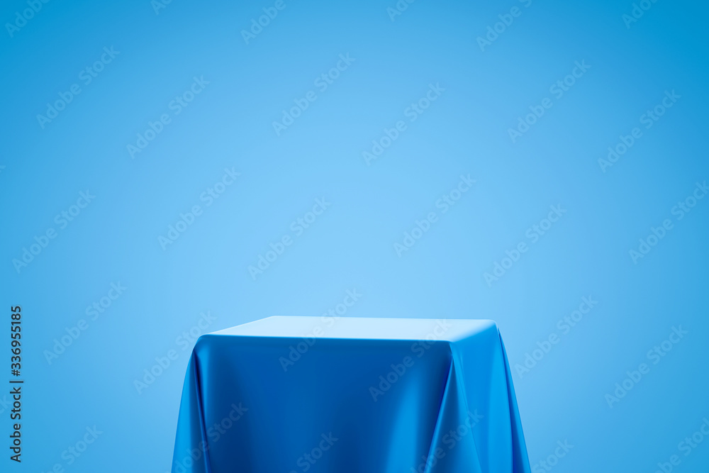 Poster Blue fabric on podium shelf or empty studio display on light blue gradient background with art style. Blank stand for showing product. 3D rendering.