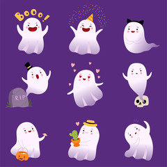 Cute White Flying Ghosts Collection, Adorable Halloween Spooky Characters Vector Illustration