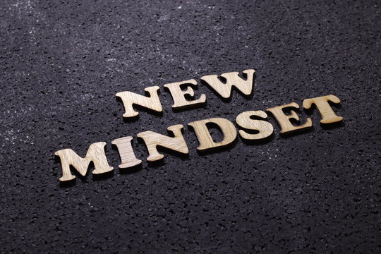New mindset wooden words letter, motivational self development business typography quotes concept