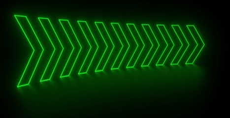 3d render,green glowing neon arrows, black background and reflaction on the ground, right direction concept
