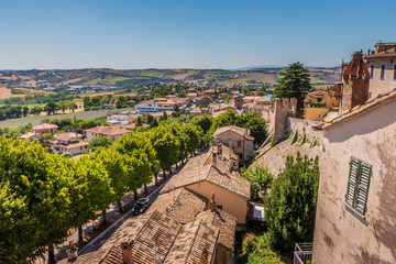 Looking out to the surrounding countryside of Corinaldo, Le Marche, Italy, near Senigallia, on a...
